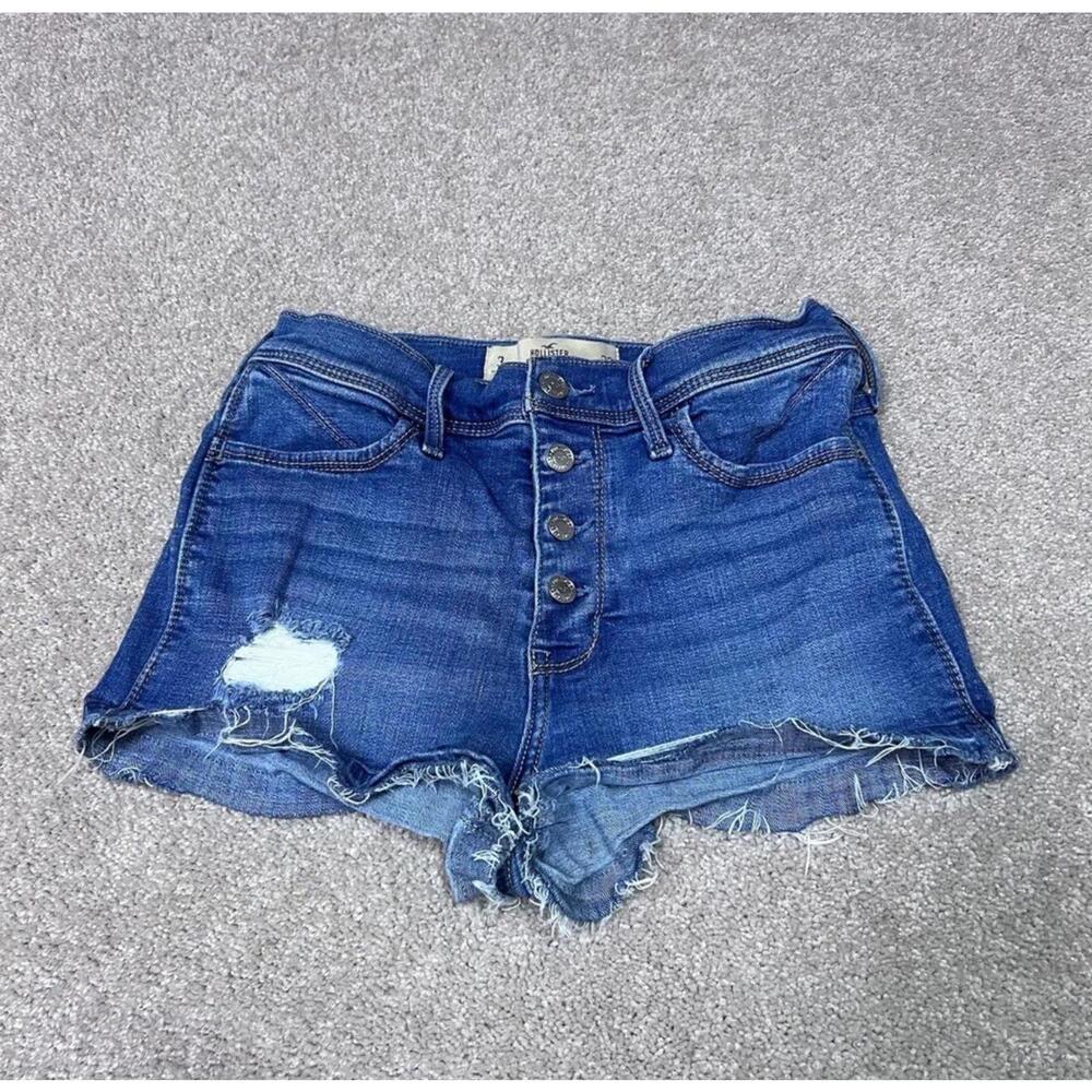 Hollister Shorts High Rise Short-Short Blue 4 Button Fly Distressed Pockets Sz 3